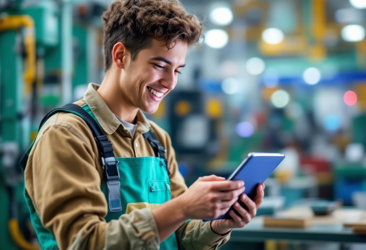 笑顔でスマホを操作する作業員